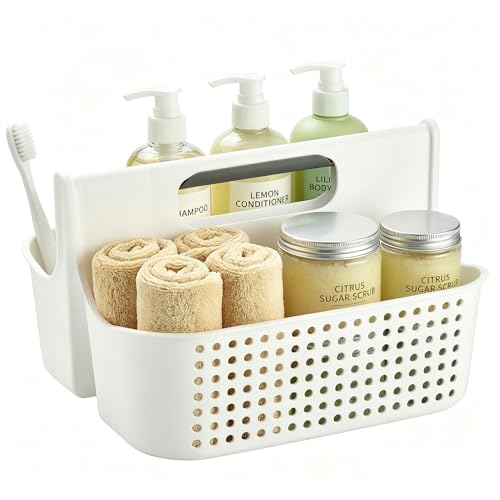 Haundry Portable Shower Caddy Basket, 2 Compartments Plastic Cleaning Caddy Organizer, Large Storage Tote with Handle for Bathroom, College, Dorm Room Essentials, White - color: White