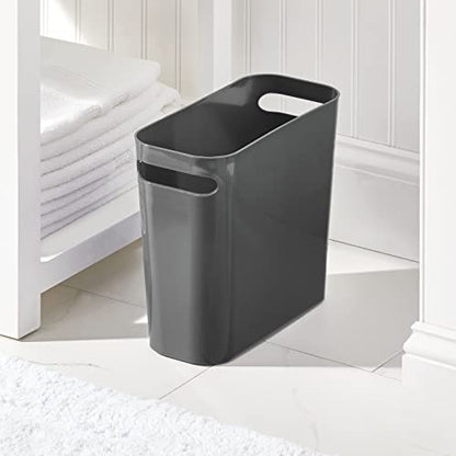 mDesign Plastic Small Trash Can, 1.5 Gallon/5.7-Liter Wastebasket, Narrow Garbage Bin with Handles for Bathroom, Laundry, Home Office - Holds Waste, Recycling, 10" High, Aura Collection, Charcoal Gray - color: Charcoal