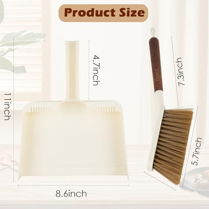 Hand Broom and Dustpan Set,Portable Small Dustpan and Brush Set with Sapele Wood Handle,Teeth Design,Compact Hangable Broom with Dustpan for Cleaning Desktops Kitchen Sofa Pet Hair,Beige