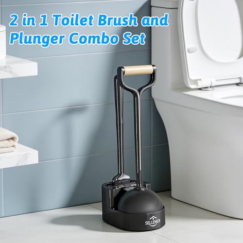 Sellemer Toilet Brush and Plunger Set, Curved Design Head for Deep Cleaning, Heavy Duty Toilet Bowl Brush and Plunger Combo with Holder for Bathroom Cleaning, Black, 2 Pack - color: Black