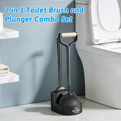 Sellemer Toilet Brush and Plunger Set, Curved Design Head for Deep Cleaning, Heavy Duty Toilet Bowl Brush and Plunger Combo with Holder for Bathroom Cleaning, Black, 2 Pack - color: Black