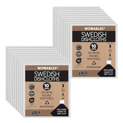 LOLA Swedish Dishcloths for Kitchen 20 Sheets, Biodegradable & Compostable Reusable Paper Towel Cleaning Cloths No Odor Washing Dishes Ultra Absorbent Cellulose Sponge Towel Made in Germany - color: Natural, size: 20 Sheets