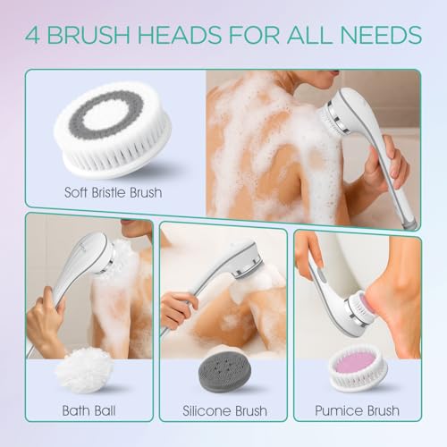 VOYOR Electric Body Brush Back Scrubber for Shower Rechargeable Exfoliating Bath Brush Powered Shower Brush with Non-Slip Long Handle Deep Cleansing, Exfoliation, Massaging Spin Brush BC100 (Grey) - color: Grey