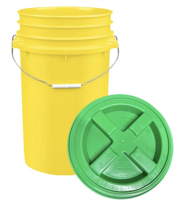 House Naturals Plastic Food Grade Made in USA Bucket with lid, Large 7 Gallon Container Comes with Screw On Lid (1, Yellow with Green lid) - color: Yellow With Green Lid