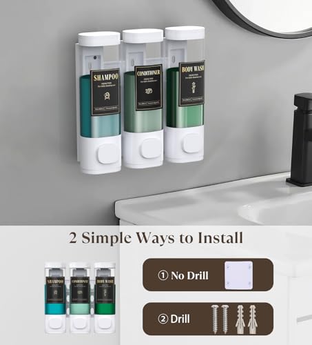Luxspire Shampoo and Conditioner Dispenser, No Drill Wall Mounted Shower Soap Dispenser 3 Chamber with Waterproof Labels, Easy Refill Soap Dispenser for Bathroom Hotel Kitchen, White - color: White, size: 3 Chamber