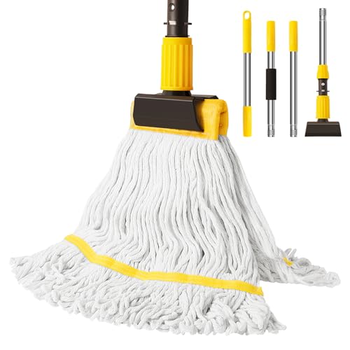 Professional Commercial Mop Industrial Heavy Duty Mop with 54" Long Handle ,Wet Mop for Home,Workshop,Garage Floors Cleaning,with 53'' Stainless Steel Mop Handle,Yellow