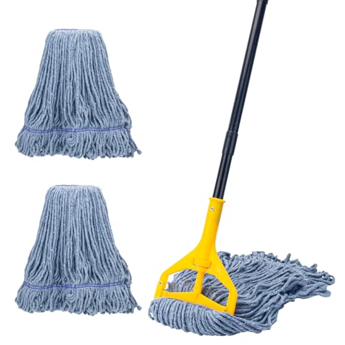 Commercial Industrial Mop with 3 Extra Large Reusable Replacement Head,59" Long Handle Heavy Duty Wet Mops,Looped-End String Cotton Mop for Floor Cleaning,House,Kitchen,Office,Garage,Tile(Yellow) - size: Yellow Handle + 3 Mop Head