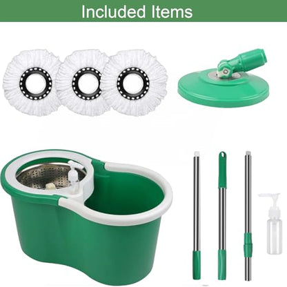 Spin Mop and Bucket with Wringer Set, 360° Spinning Mop Bucket System with 3 Microfiber Mop Replacement Heads Refills,56" Stainless Steel Extended Handle for Floor Cleaning Home Office (20QT) (Green) - color: Green