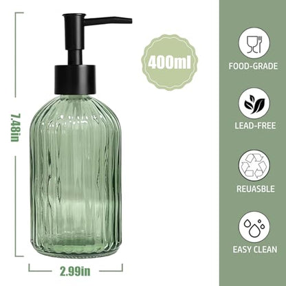14 Oz Black Pump Glass Soap Dispenser, Green Stripe Countertop Refillable Liquid Bottle Hand Dish Lotion Dispenser with Plastic Pump, for Kitchen, Bathroom - color: Green