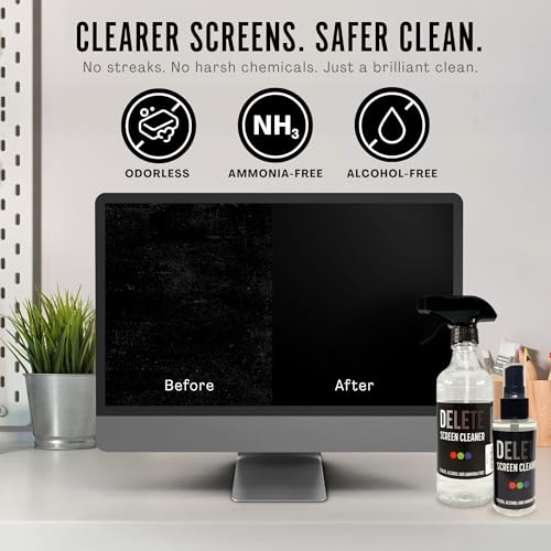 Delete Screen Cleaner Spray Kit, 2 Pack, 16oz and 2oz Bottle and 12"x12" Microfiber Cleaning Cloth, Streak-Free, Safe and Gentle Formula, Multi-Purpose for TVs, Computers, Monitors, Smart Phones - style: 2 Pack, 16oz and 2oz