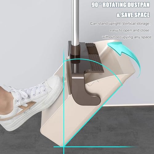 Broom and Dustpan Set for Home Folding Cleaning Tools Long Handle Broom with Upright Standing Dustpan Combo for Office Home Kitchen Lobby Floor Cleaning,Khaki - color: Khaki