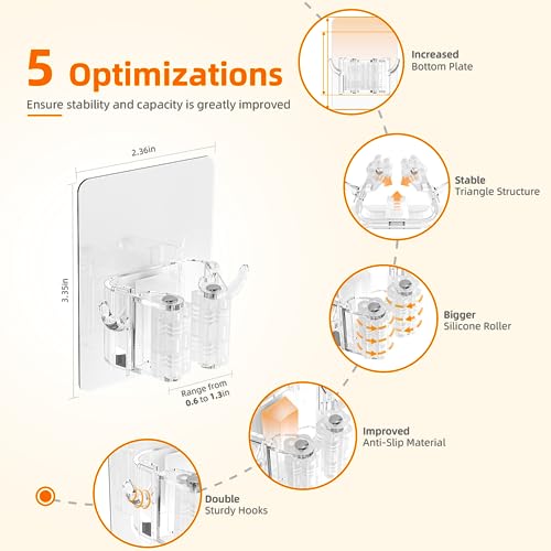 Batur Broom Holder Wall Mount, 4 Pack New Version Adhesive Mop and Broom Holder Wall Mount, Super Anti-Slip Broom Hanger Mop Organizer Wall Hanging for Bathroom, Kitchen, Laundry Room - color: Transparent