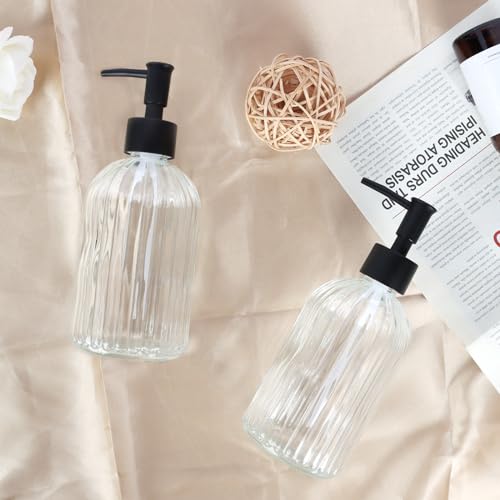 2 Pack Glass Soap Dispenser with Pump, 13.5oz Refillable Soap Dispensers with Vertical Stripe for Hand Wash & Dish Wash, Elegant Bathroom Soap Dispenser for Dishwashing Liquid, Lotion - color: Clear