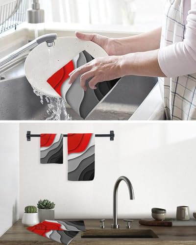 Abstract Red Dish Towels Set,Waffle Weave Kitchen Towels 2 Pieces,Microfiber Hair Face Bath Tea Towel Absorbent Quick Drying Cleaning Dish Cloths,Modern Geometric Ombre Grey White Art 12"x12" - color: Red, size: 2PCS,12"x12"
