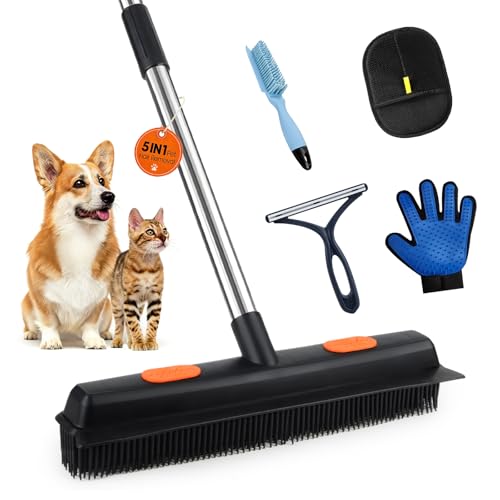 Carpet Rake for Pet Hair Removal, 5 in 1 Reusable Pet Hair Removal Tool Kit, Cat & Dog Hair Carpet Rake, Adjustable Long Handle Pet Hair Removel Tool, Pet Hair Broom for Carpet, Rugs, Mats, Furniture