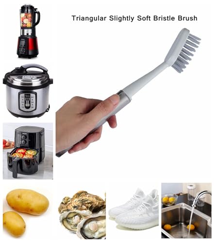 Scrub Brush for Cleaning Dish 2pcs, Round/Triangular Head, Stiff Bristles Long Handle Kitchen Scrubber with Scraper for Sink, Pan, Pot, Dishwashing, Vegetable (2)