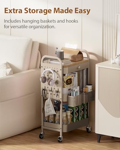 ALVOROG Rolling Cart with Drawer and Wood Table Top, 3 Tier Metal Rolling Utility Cart on Wheels with DIY Pegboards, Hanging Baskets, Hooks for Kitchen, Bedroom, Office, Craft Supplies - color: Khaki