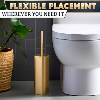 Gold Toilet Brush with Square Holder - Toilet Brush and Holder Set Gold, Stainless Steel Handle with Splash Shield, Replaceable Head and Removable Inner Cup - Freestanding Bathroom Toilet Cleaning Set - color: Gold Rounded Square