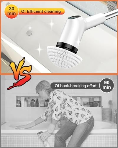 Electric Spin Scrubber, 2024 Upgrade Cordless Shower Scrubber with 8 Replaceable Brush Heads and 3 Adjustable Speeds, LED Display and Extension Handle,Power Cleaning Brush for Bathroom Tub Grout Floor