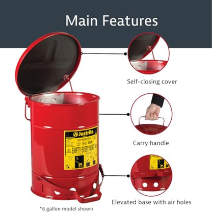 Justrite 6 Gallon Galvanized Steel Oily Waste Can, 16" x 12" Metal Oil Rag Safety Can With Foot Operated Self-Closing Lid for Oil Rag Disposal, Made in the USA, Red, 09100 - color: Red, size: 6 Gallon, style: Foot-Operated Lid