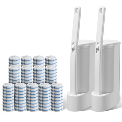 Wazzio 2 Pack Disposable Toilet Brush with Holder Set, 104 Count Toilet Wand Refills, Extended Handle Toilet Bowl Cleaner Brush for Bathroom and Bathtub Deep Cleaning