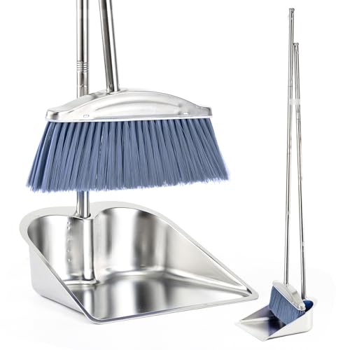 VOOWO Broom with Dustpan Combo Set, 46" Stainless Steel Broom and Dustpan Set for Home, Heavy Duty Dust Pan with Long Handle, Broom for Sweeping Indoor and Outdoor, Kitchen Broom and Dust Pan (Grey) - color: Gray