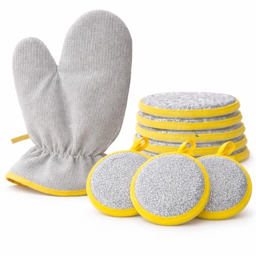 Kitchen Pro Dual Action Cleaning Set, 5 Microfiber Scouring Sponges with Yellow Trim, 2 Wire-Reinforced Dishwashing Gloves, Round Scrubbers for Dishes