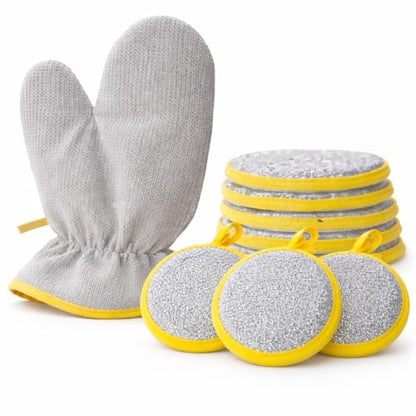 Kitchen Pro Dual Action Cleaning Set, 5 Microfiber Scouring Sponges with Yellow Trim, 2 Wire-Reinforced Dishwashing Gloves, Round Scrubbers for Dishes