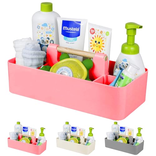 Baby Shower Caddy Plastic Nursery Portable Storage Organizer Caddy Tote for Child/Kids, Divided Basket Bin with Wood Handle for Bathroom, Dorm Room, Holds Hand Soap, Bottles, Spoons (Pink) - color: Pink