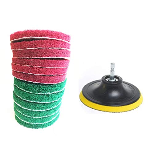 HUAWELL Drill Powered Brush Tile Scrubber Scouring Pads Cleaning Kit, 2 Different Stiffness, Disc Pad Holder with 12 Scrubbing Pads, Cleans Large Flat Areas (5 Inch)