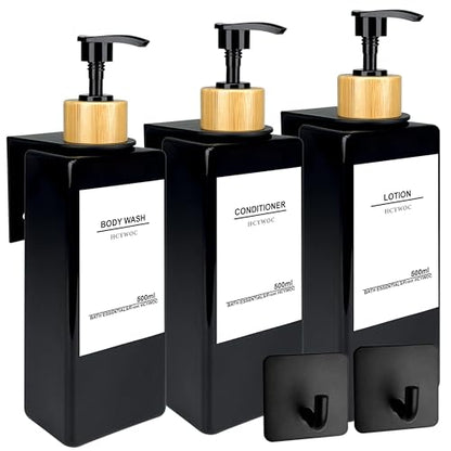 Shampoo Dispenser for Shower Wall, Shampoo and Conditioner Dispenser with 16 Waterproof Labels, No Drill Shower Soap Dispenser Bathroom, Shower Soap Dispenser Wall Mounted, 17oz, Bamboo(Black) - color: Black Bottle + Bamboo Pump