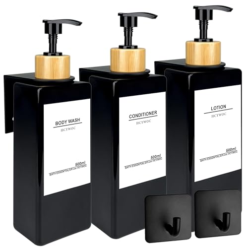 Shampoo Dispenser for Shower Wall, Shampoo and Conditioner Dispenser with 16 Waterproof Labels, No Drill Shower Soap Dispenser Bathroom, Shower Soap Dispenser Wall Mounted, 17oz, Bamboo(Black) - color: Black Bottle + Bamboo Pump
