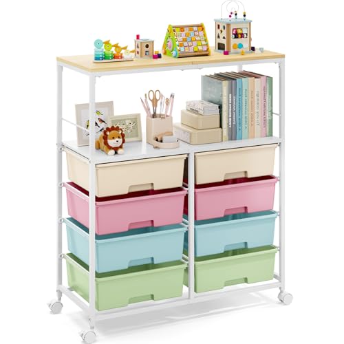 Rolling cart with 8 drawers,Storage drawer cart with wooden tabletop,Lockable wheels organizer for homeschool, arts & crafts, classroom, office & creative spaces (Colorful) - color: Colorful