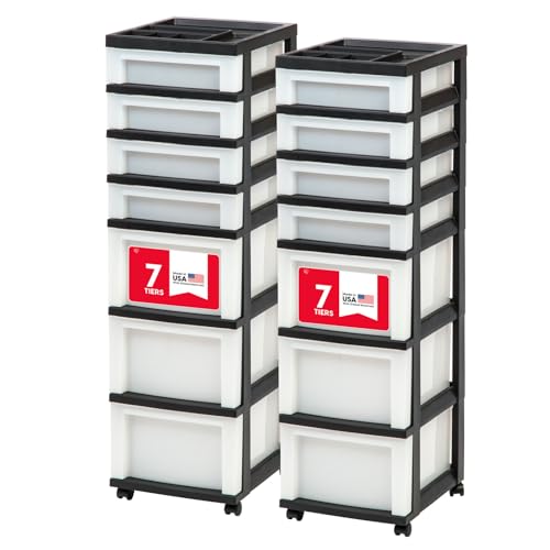 IRIS USA Plastic Drawer Storage Organizer Rolling Cart, with Wheels Casters, 2-Pack, 7-Drawers, for Classroom Art Craft Supplies Dresser Closet Bathroom Laundry Room, Black/Pearl - color: Black, size: 7 Drawer with Wheels - 2 Pack