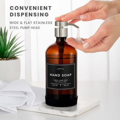 Hand and Dish Soap Dispenser for Kitchen and Bathroom, Set of 2 16 Oz Glass Bottles, Stainless Steel Pumps, Non-Slip Silicone Base, 27 Waterproof Labels (Amber Bottle/Brushed Silver Pump) - color: Amber Bottle / Brushed Silver Pump