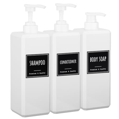 Segbeauty 33.8oz Square Plastic Soap Dispenser Refillable, 3pcs Large Empty Soap Dispenser Bathroom Kitchen, White 1000ml Shampoo Pump Bottle Set, Lotion Body Wash Hand Wash Bottles with Labels - color: White, style: 3pcs