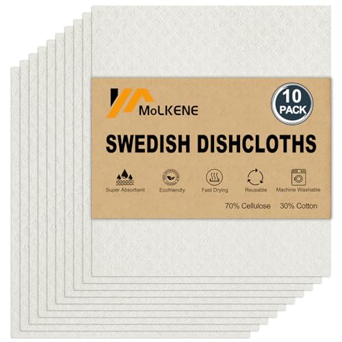 MoLKENE Swedish Dishcloths for Kitchen | 10 Pack Absorbent Cellulose Sponge Cloths Washable | Non-Scratch Reusable Paper Towels Quick Drying Cleaning Rag - White - color: 10 Pack White, size: 10 Pack