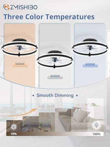 ZMISHIBO Ceiling Fans with Lights and Remote, 19.7'' Low Profile Ceiling Fan, 3000-6000K Dimmable Modern Flush Mount LED Fan Light, 6 Wind Speeds, Black Fandelier Ceiling Fans for Bedroom - color: Black, size: 19.7 INCH
