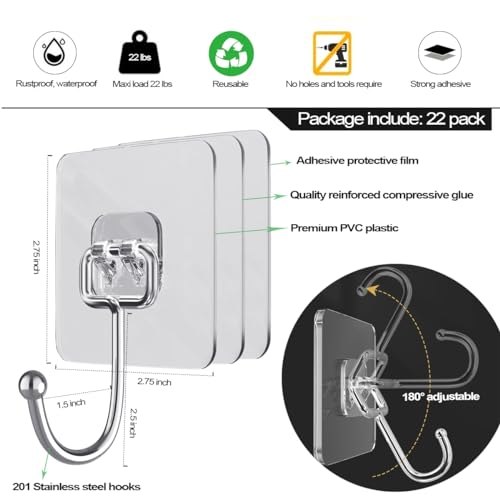 ZESLMG Large Adhesive Hooks for Hanging, 22 Pack Self Sticky Wall Hooks Heavy Duty 15lb Clear, Removable Shower Hook No Damage for Towel Key Coat Wreath Picture Outdoor Bathroom Kitchen, Waterproof - size: 22 Separable Large Hook