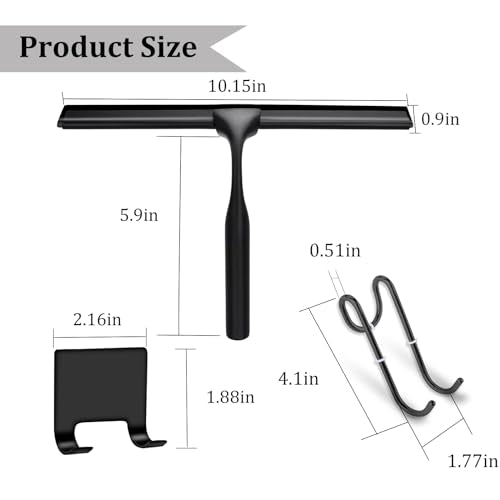 10-Inch Shower Squeegee for Glass Doors, Stainless Steel Shower Squeegee with Shower Door Hook & Adhesive Hook, Multi-Purpose Bathroom Squeegee for Glass, Door, Mirror and Window (Black)