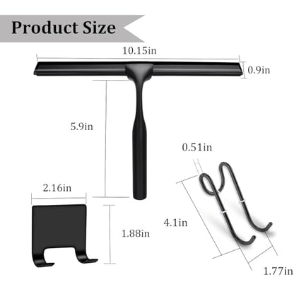 10-Inch Shower Squeegee for Glass Doors, Stainless Steel Shower Squeegee with Shower Door Hook & Adhesive Hook, Multi-Purpose Bathroom Squeegee for Glass, Door, Mirror and Window (Black)