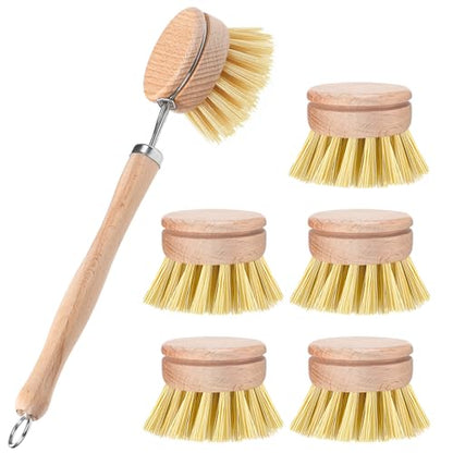 Boao 6 Pack Dish Brush with Beechwood Handle with Replacement Heads Natural Wood Dish Scrub Brush for Washing and Cleaning Pots and Pans