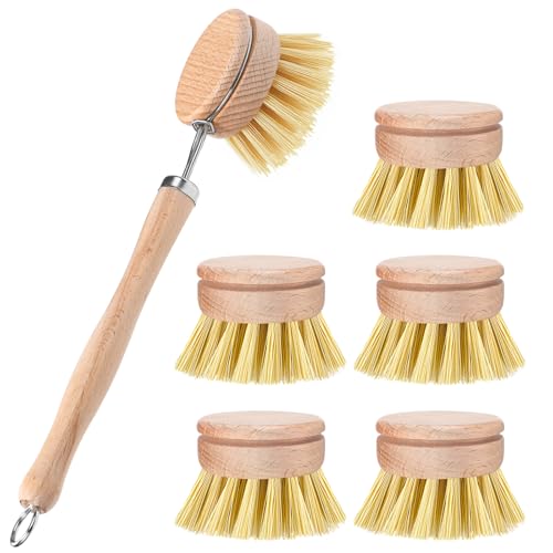 Boao 6 Pack Dish Brush with Beechwood Handle with Replacement Heads Natural Wood Dish Scrub Brush for Washing and Cleaning Pots and Pans