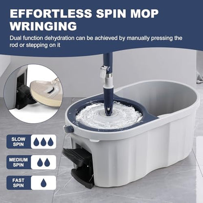 Spin Mop and Bucket System with180-Degree Rotating Head Telescopic Handle Dual Chamber Bucket Floor Cleaning Set with 3 Mop Refills Dual-Function Wringing Hand-Press and Foot-Pedal - color: White and Navy Blue