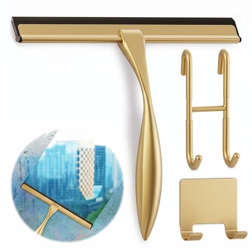 10 Inch Shower Door Squeegee - Gold Squeegee for Shower Glass with Stainless Steel Body, Silicone Blade, Adhesive & Hanging Hooks for Streak-Free Mirror, Tile, Window, Bathroom, Car, Everyday Home Use - color: Gold, size: 10 Inch