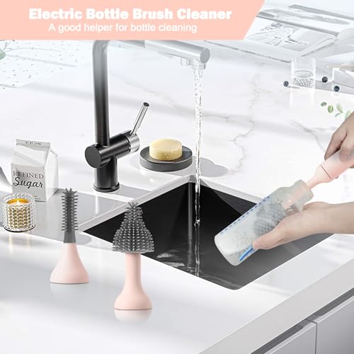 Electric Baby Bottle Brush Set with Rechargeable Electric Bottle Brush Cleaner and Replaceable Silicone Bottle Brushes and Straw Brush Cleaner, Waterproof Multi-Purpose Cleaning Brush(Pink) - color: Pink