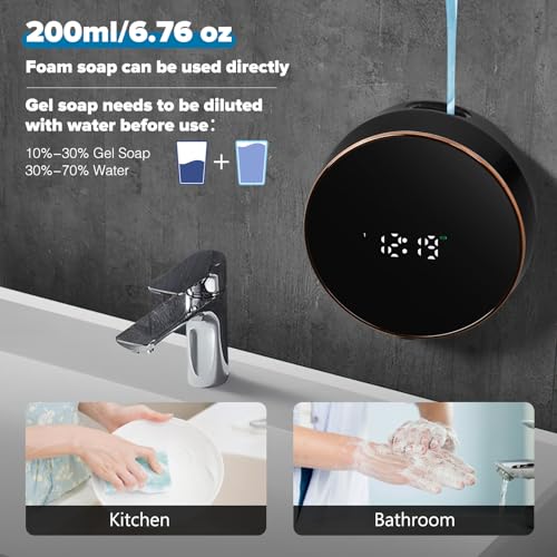 Automatic Soap Dispenser Foam Bathroom: Wall Mount Rechargeable Touchless Adjustable Auto Smart Electric Plastic Black Foaming Soap Dispenser with Clock - Kitchen - Hand Dish Lotion Couple Kids - color: Foam Black
