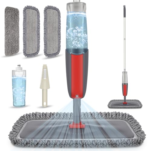 Spray Mops for Hardwood Floors Cleaning: MEXERRIS Falt Mop with 3 Microfiber Pads for Swiffer Powermop - Wet Dust Floor Mop with Sprayer Home Commercial Mops for Wood Laminate Wood Tile Vinyl - color: Red