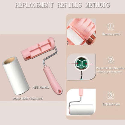 Lint Roller Remover with 180 Sheets, Pet Hair Remover Extra Sticky Roller Hair Dust Remover for Clothes, Furniture, Travel Household 1 Handle+3 Rollers Dog &Cat Hair Removal Pink - size: 3.9 inch Pink