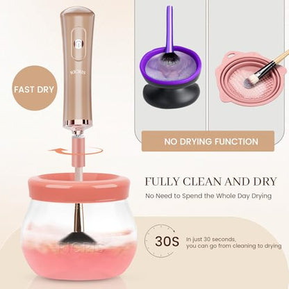 RICRIS Electric Makeup Brush Cleaner and Dryer Machine - Super Fast Clean and Dry Make Up Brushes - Automatic Cosmetic Brush Spinner Washer Tools - color: Gold-Peach